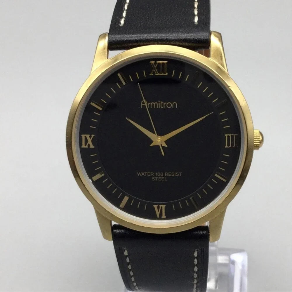 Armitron Mens Watch 37mm Black Dial Gold Tone Black Leather Band New Battery